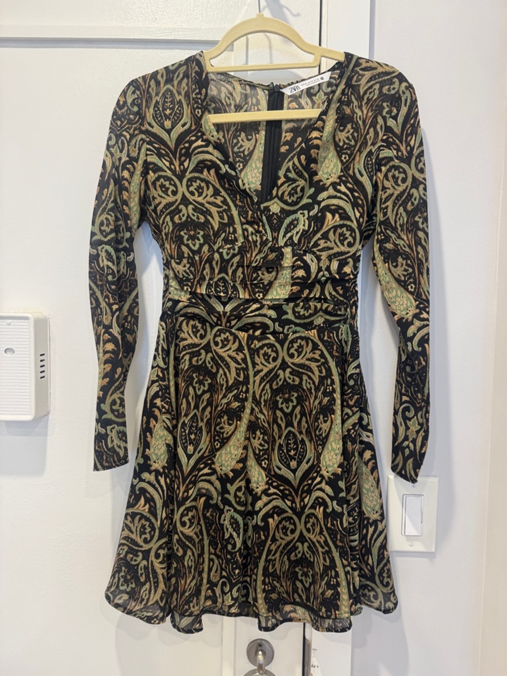 Windsor Black Paisley Long Sleeve Fit-and-Flare Dress with Green Accents